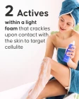 Applying Cellublue crackling foam on legs for cellulite treatment