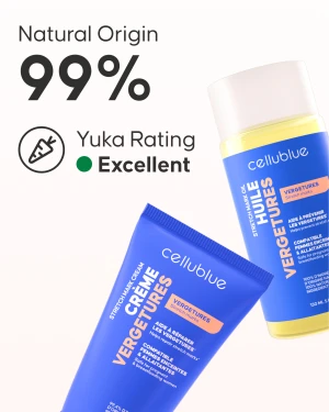Cellublue anti-stretch mark cream application on skin detail