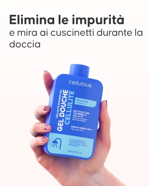 Applicazione del gel doccia Cellublue sotto la doccia