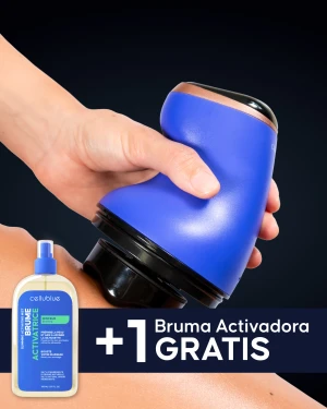 Mujer usando aparato anticelulítico Cellublue en el muslo