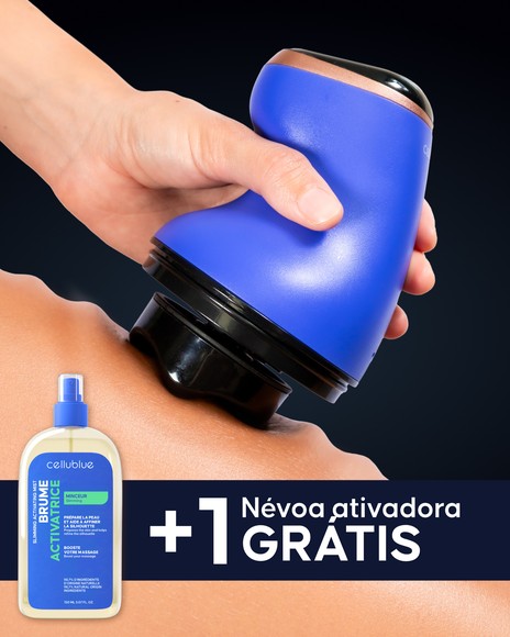 Mulher a usar aparelho anticelulite elétrico Cellublue na coxa