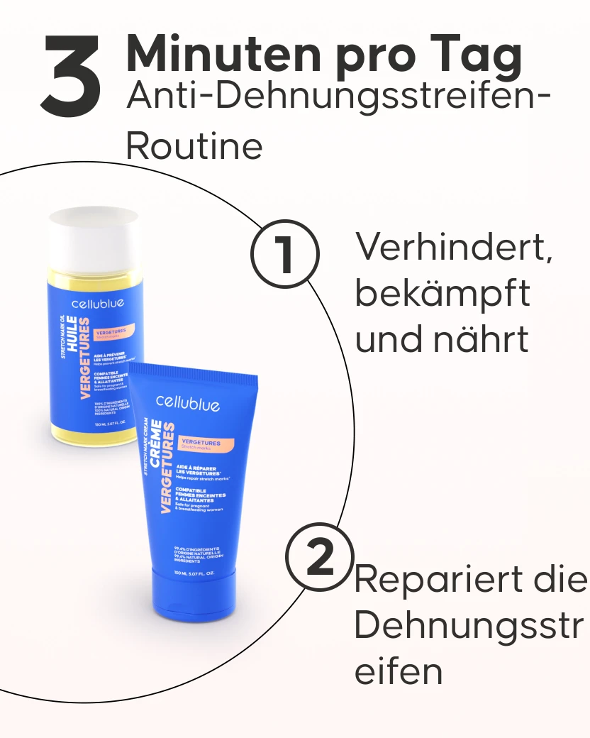 Anwendung des Cellublue Anti-Dehnungsstreifen Öls auf dem Bauch