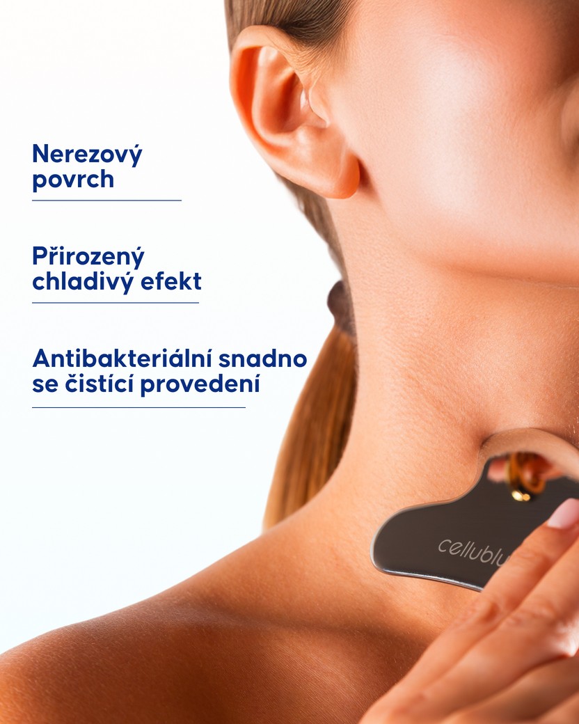 Gua Sha z kovu detail ergonomického tvaru pro dvojitou bradu