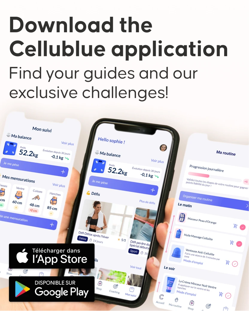 Woman using Cellublue anti-stretch mark kit daily skincare routine