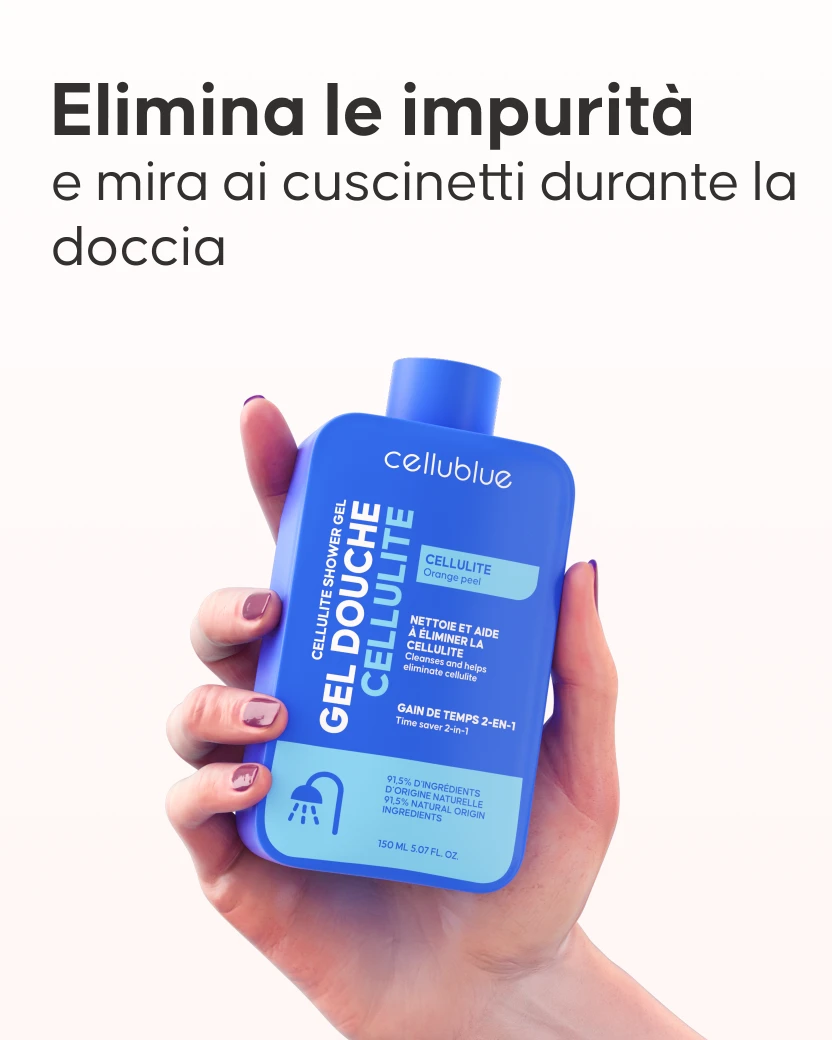 Applicazione del gel doccia Cellublue sotto la doccia