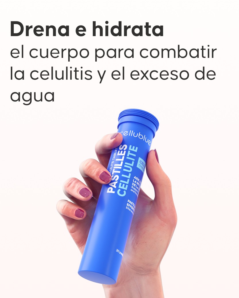 Pastilla efervescente anticelulítica disolviéndose en vaso de agua