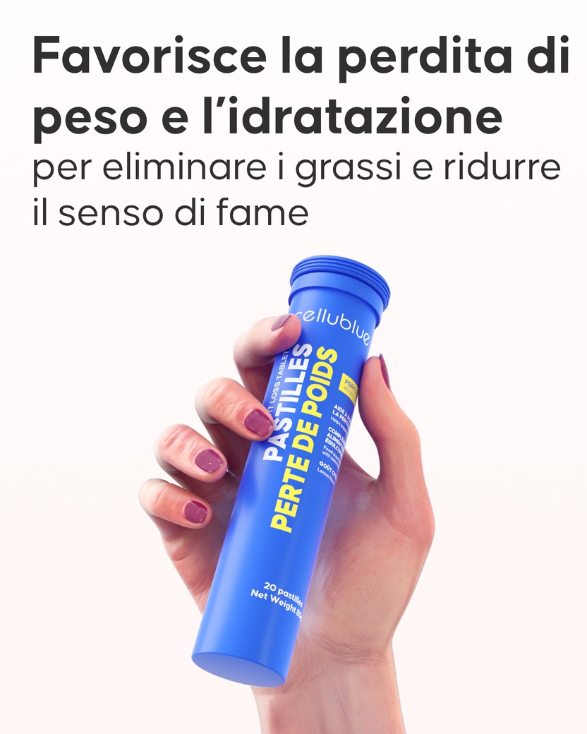Pastiglia effervescente Cellublue che si scioglie in un bicchiere d'acqua