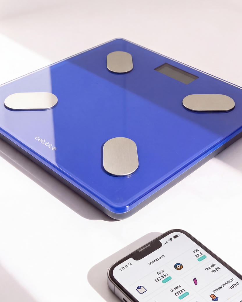 Balance connectée minceur Cellublue affichage indicateurs corporels sur smartphone