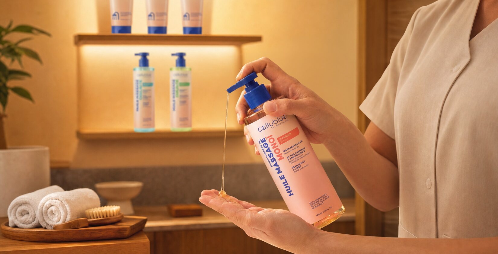 Huile de massage Cellublue utilisée en institut